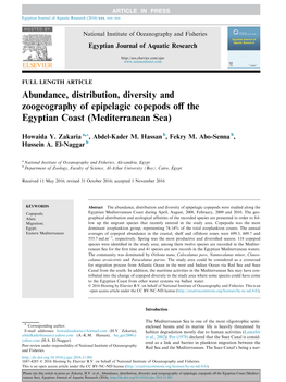 Abundance, Distribution, Diversity and Zoogeography of Epipelagic Copepods Oﬀ the Egyptian Coast (Mediterranean Sea)