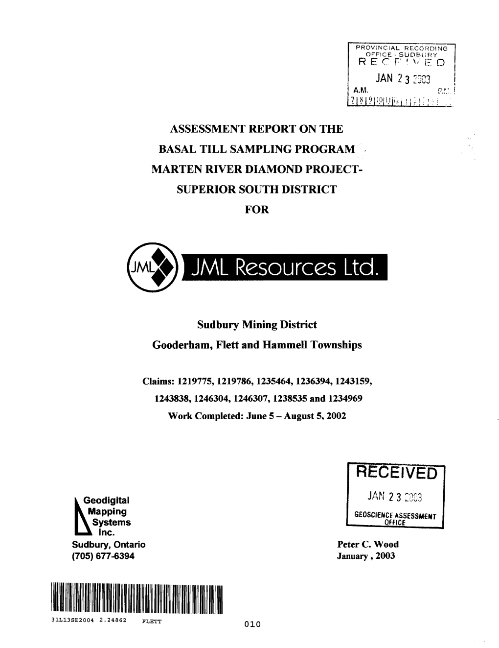 Rpt on Basal Till Sampling Prog Marten River Diam Proj