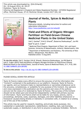Journal of Herbs, Spices & Medicinal Plants Yield and Effects of Organic