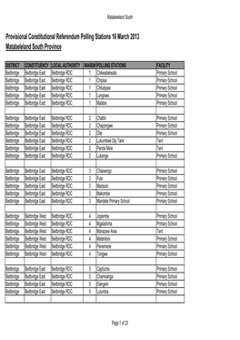 Provisional Constitutional Referendum Polling Stations 16 March 2013 Matabeleland South Province