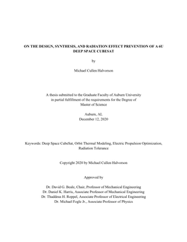 ON the DESIGN, SYNTHESIS, and RADIATION EFFECT PREVENTION of a 6U DEEP SPACE CUBESAT by Michael Cullen Halvorson a Thesis Submi