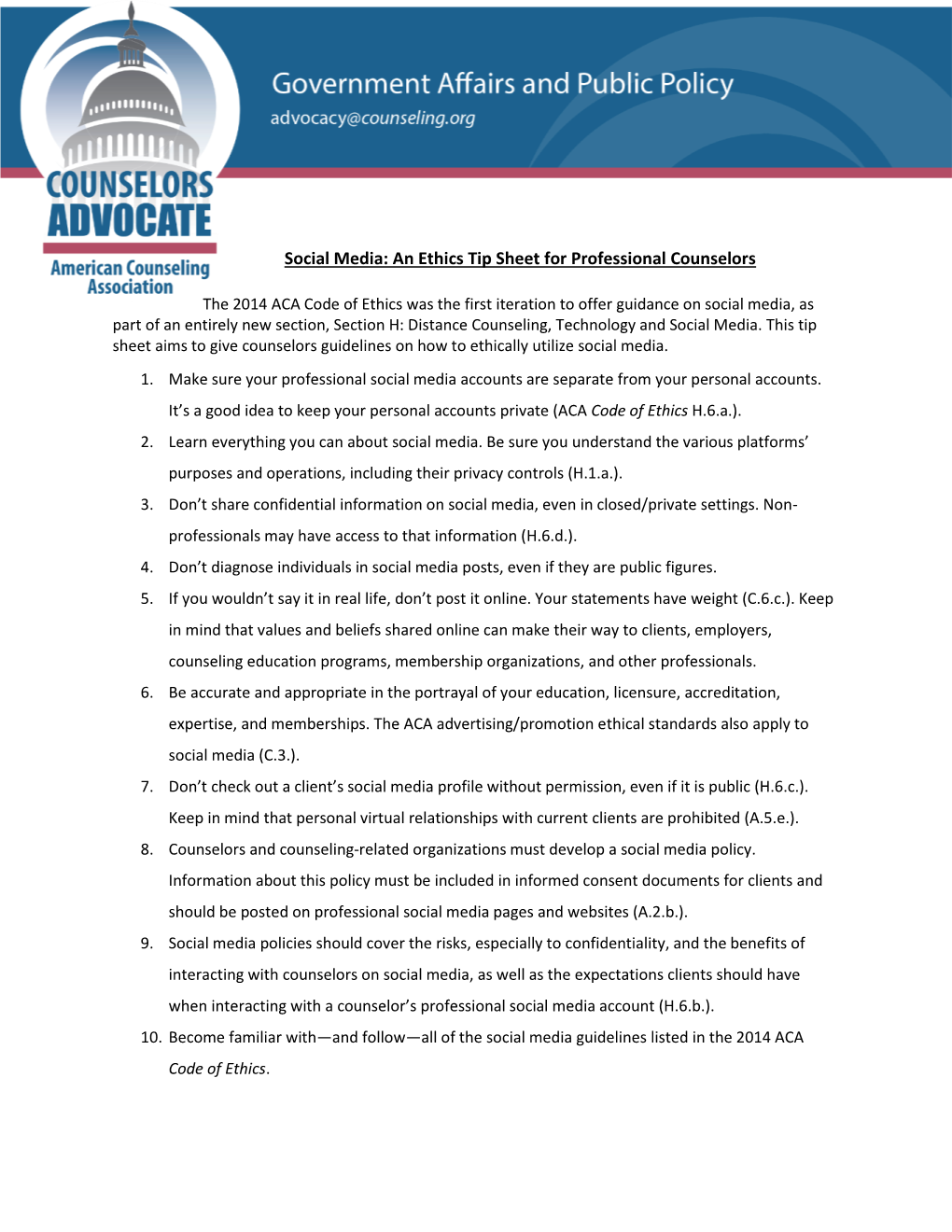 Social Media: an Ethics Tip Sheet for Professional Counselors