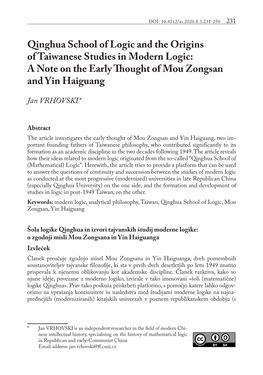 Qinghua School of Logic and the Origins of Taiwanese Studies in Modern Logic: a Note on the Early Thought of Mou Zongsan and Yin Haiguang