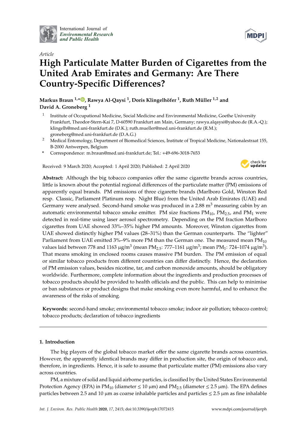 High Particulate Matter Burden of Cigarettes from the United Arab Emirates and Germany: Are There Country-Speciﬁc Diﬀerences?