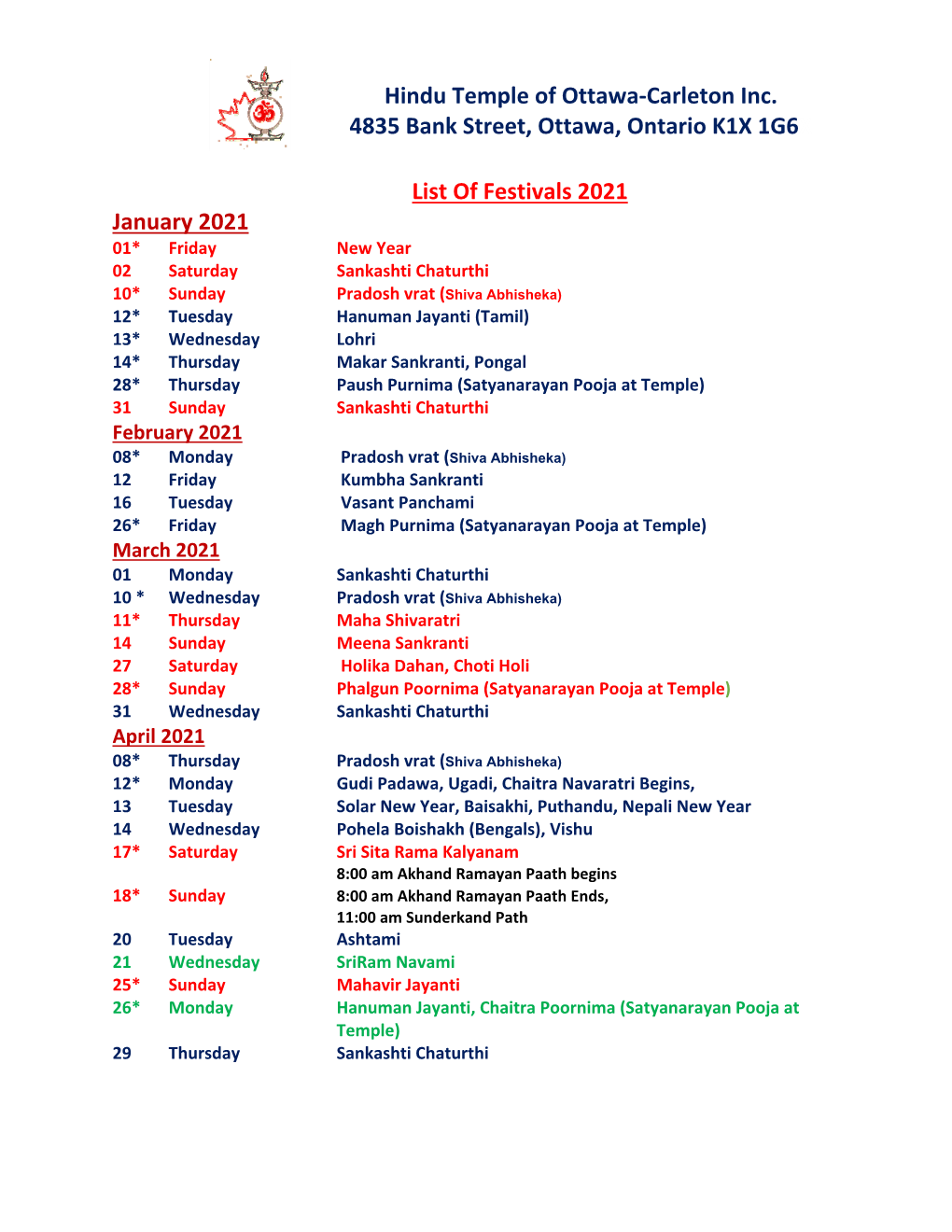 Festivals & Important Dates 2021