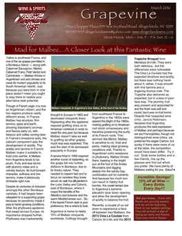 March 2016 Newsletter Mad About Malbec for Mark
