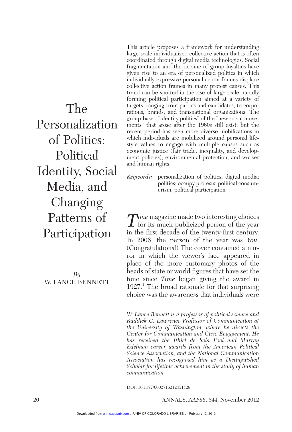 The Personalization of Politics: Political Identity, Social Media, And