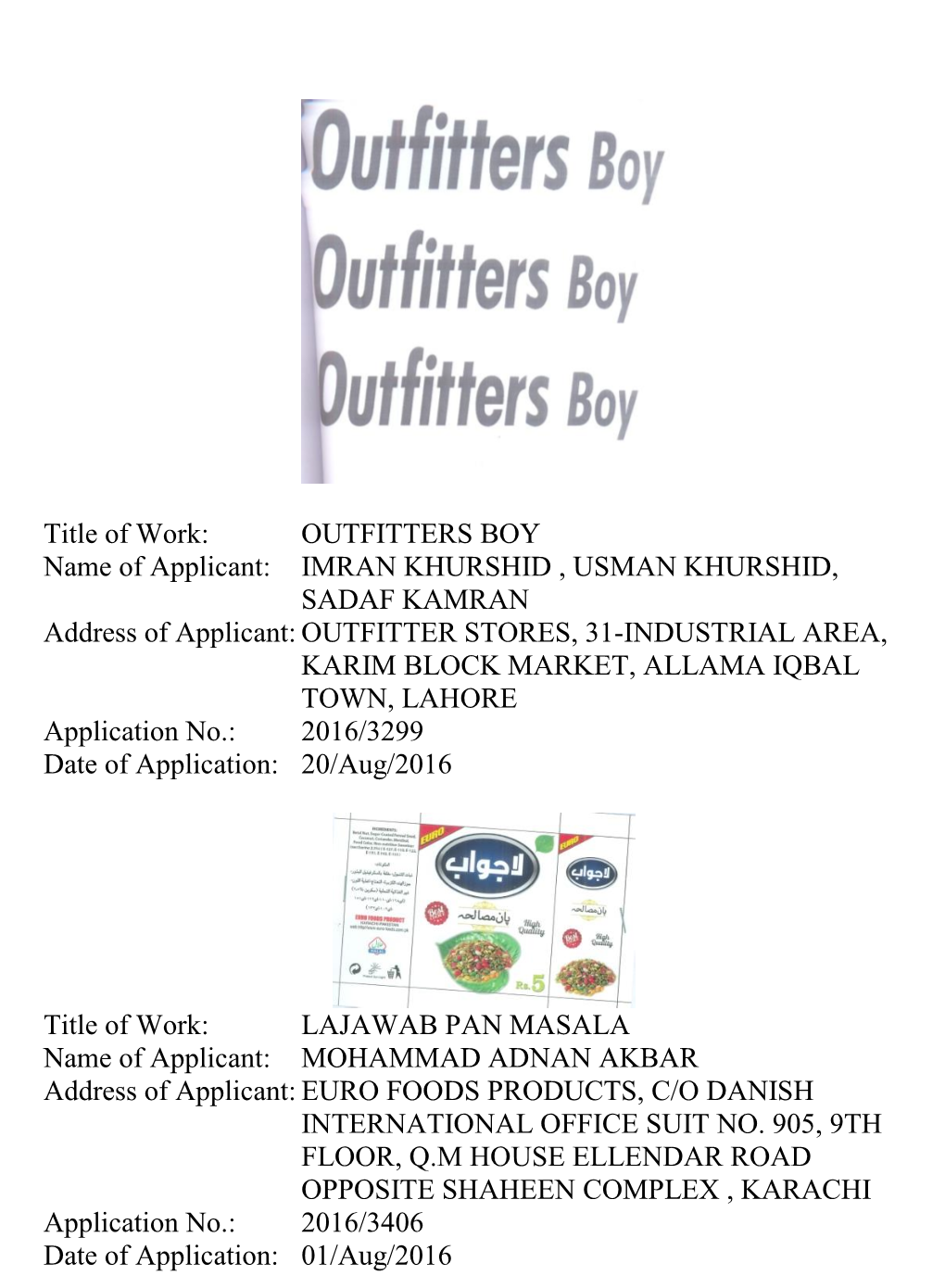 Title of Work: OUTFITTERS BOY Name of Applicant: IMRAN KHURSHID , USMAN KHURSHID, SADAF KAMRAN Address of Applicant: OUTFITT