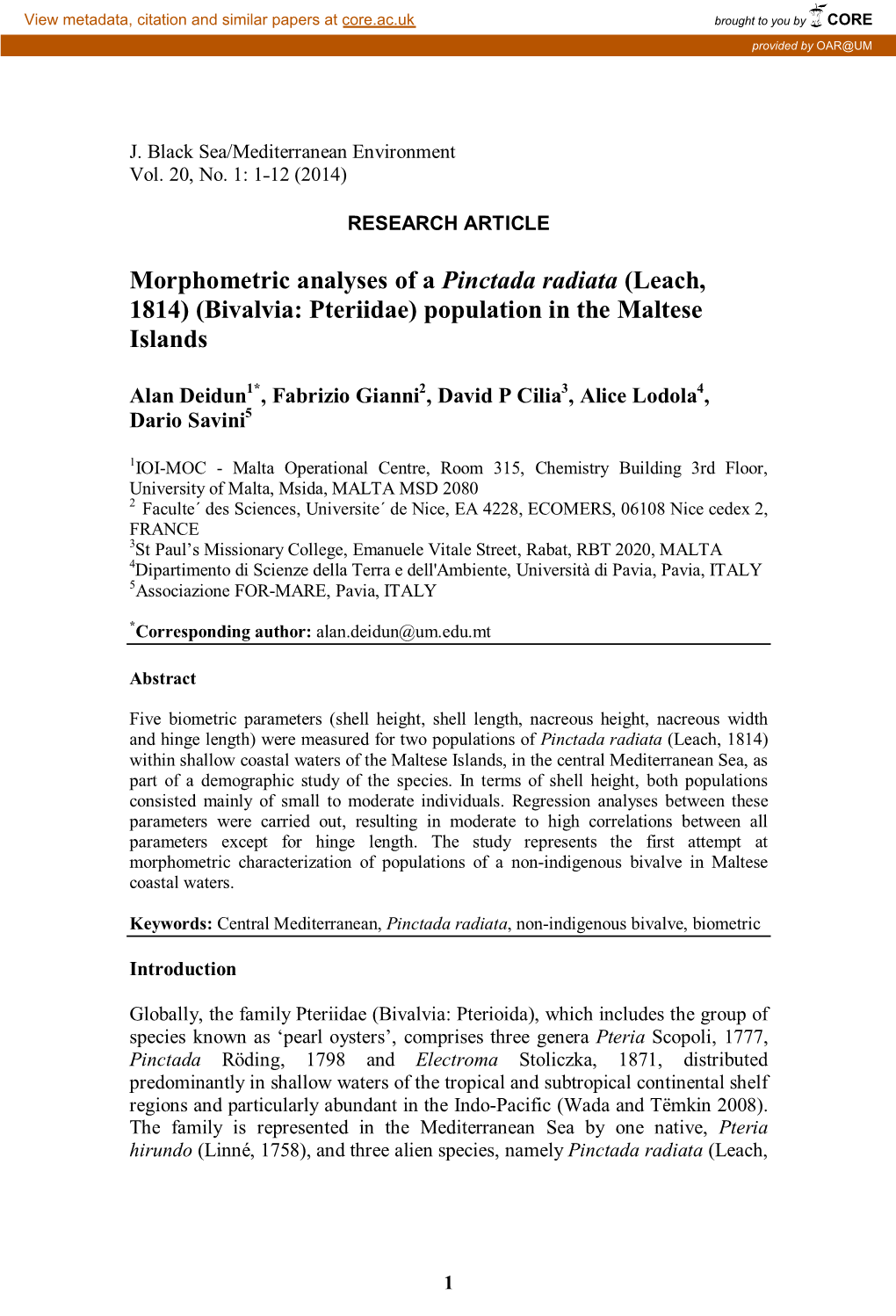 Morphometric Analyses of a Pinctada Radiata (Leach, 1814) (Bivalvia: Pteriidae) Population in the Maltese Islands