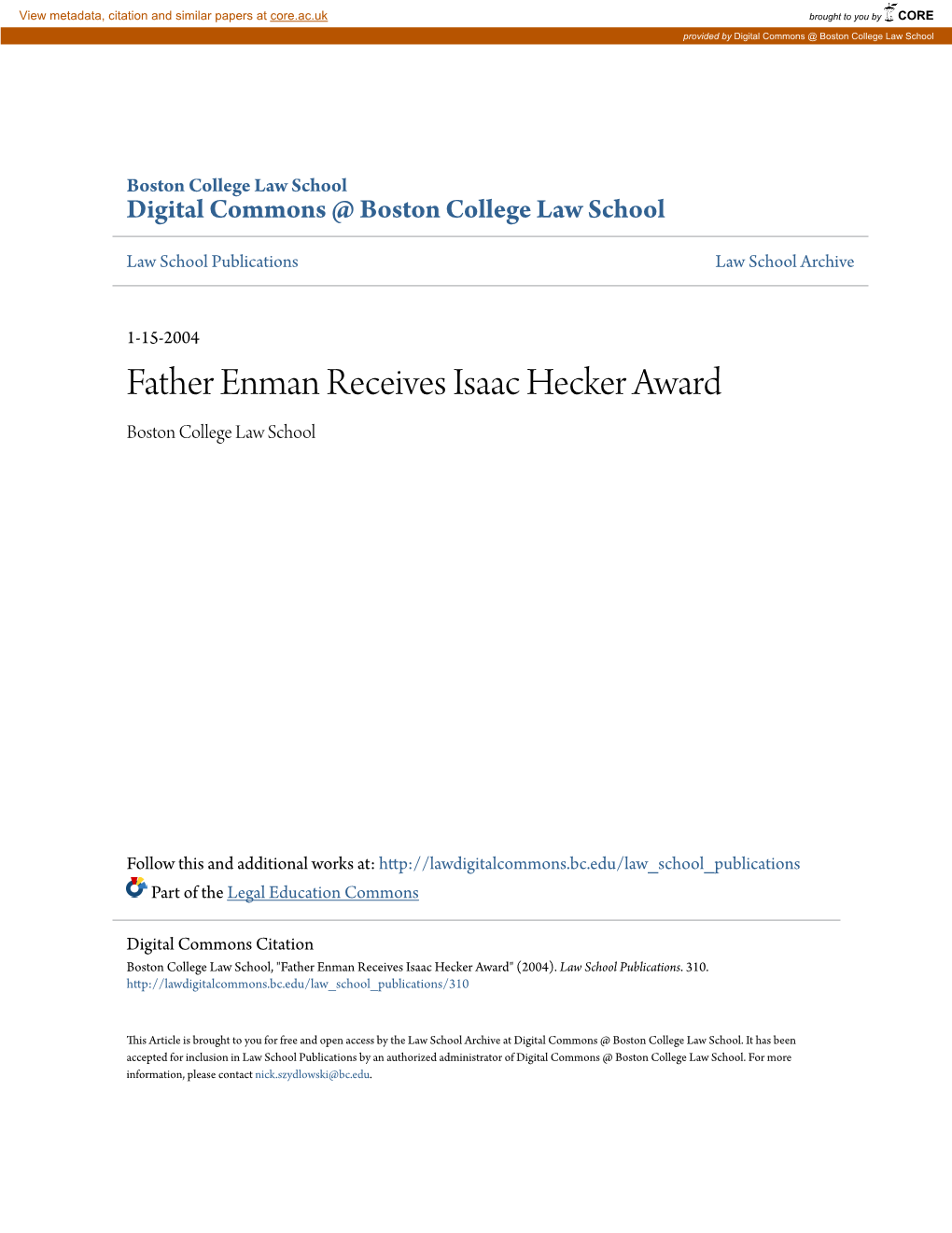 Father Enman Receives Isaac Hecker Award Boston College Law School