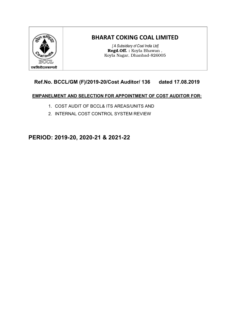 BHARAT COKING COAL LIMITED [ a Subsidiary of Coal India Ltd] Regd.Off