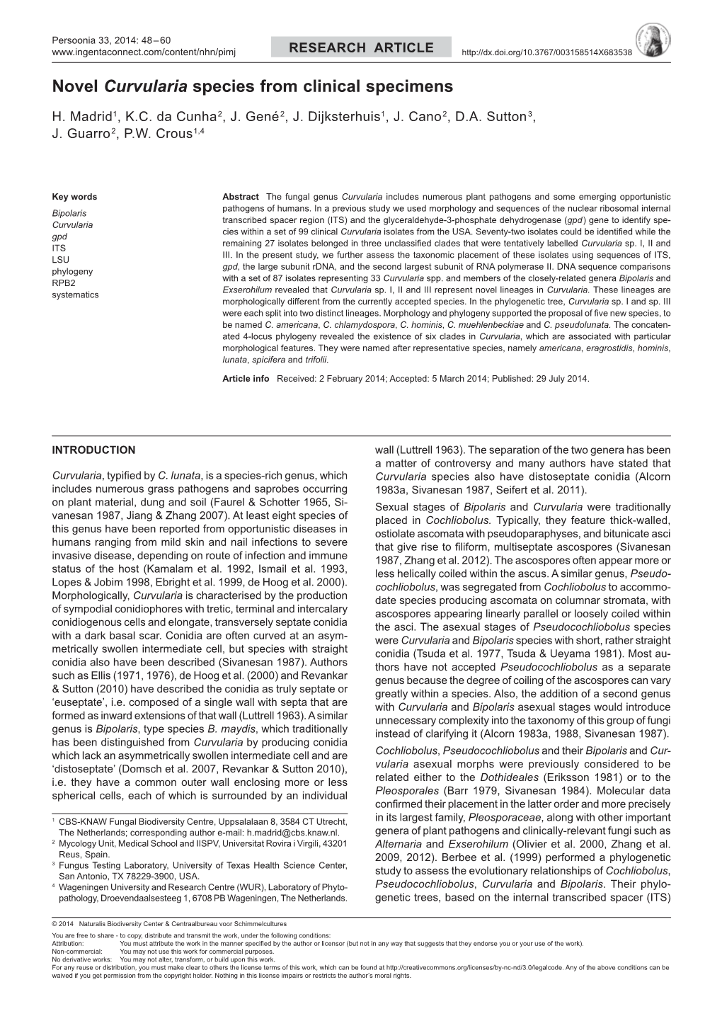 Novel Curvularia Species from Clinical Specimens