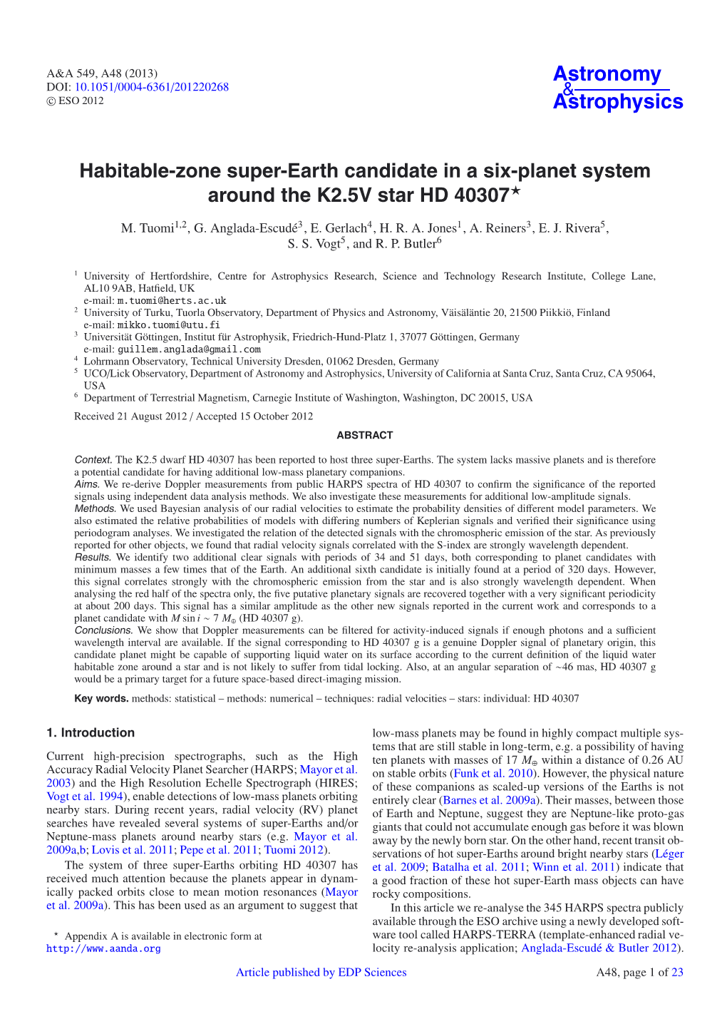 Habitable-Zone Super-Earth Candidate in a Six-Planet System Around the K2.5V Star HD 40307