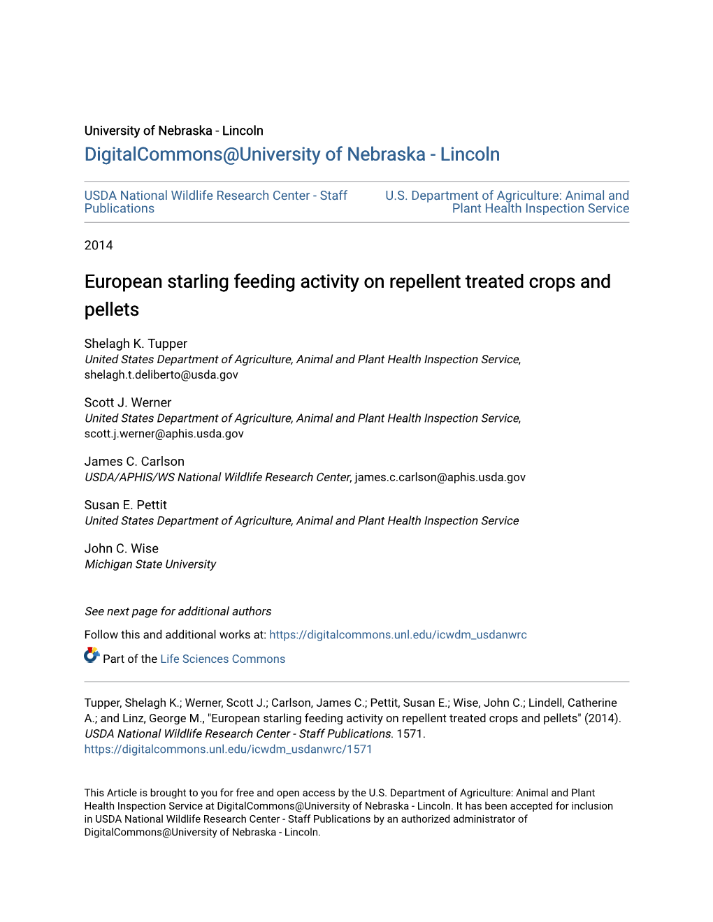 European Starling Feeding Activity on Repellent Treated Crops and Pellets