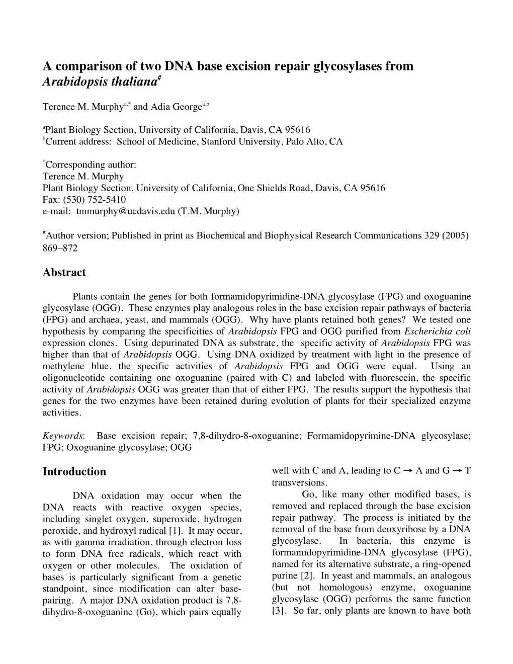 A Comparison of Two DNA Base Excision Repair Glycosylases from Arabidopsis Thaliana