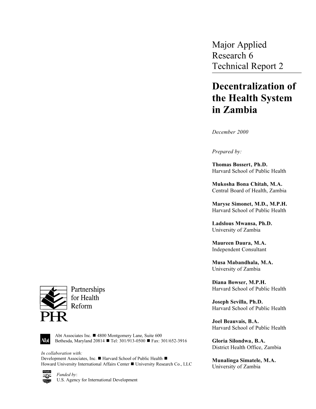 Decentralization of the Health System in Zambia