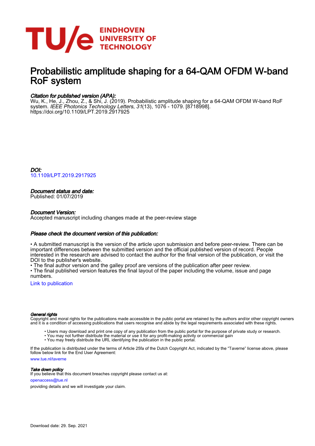 Probabilistic Amplitude Shaping for a 64-QAM OFDM W-Band Rof System