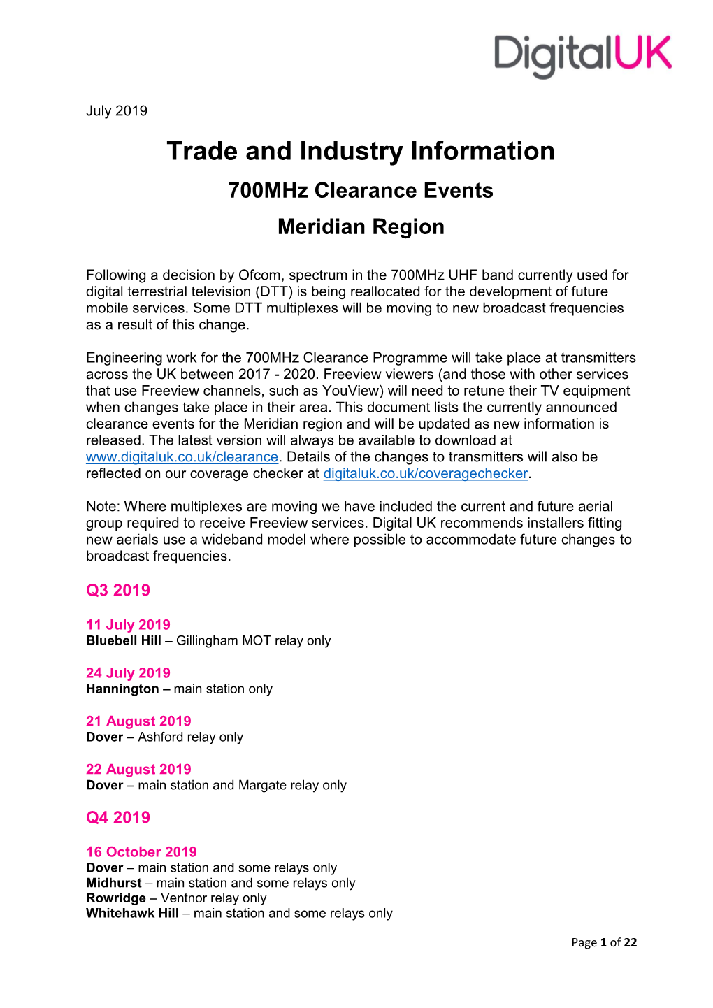 Trade and Industry Information 700Mhz Clearance Events Meridian Region