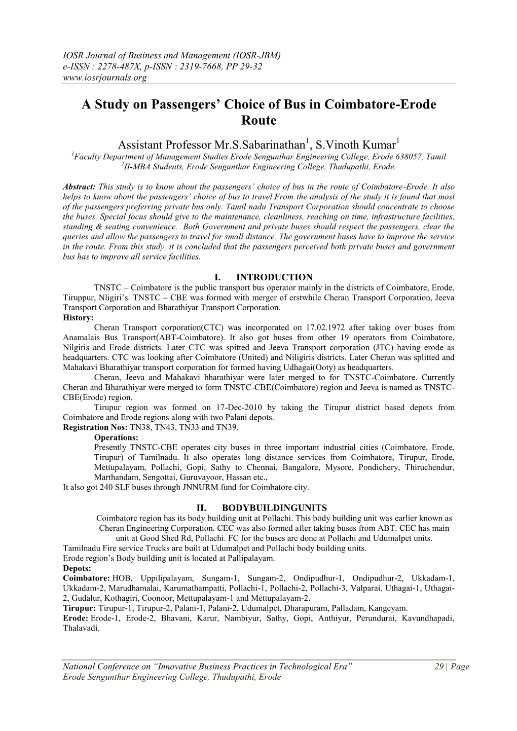 A Study on Passengers' Choice of Bus in Coimbatore-Erode Route