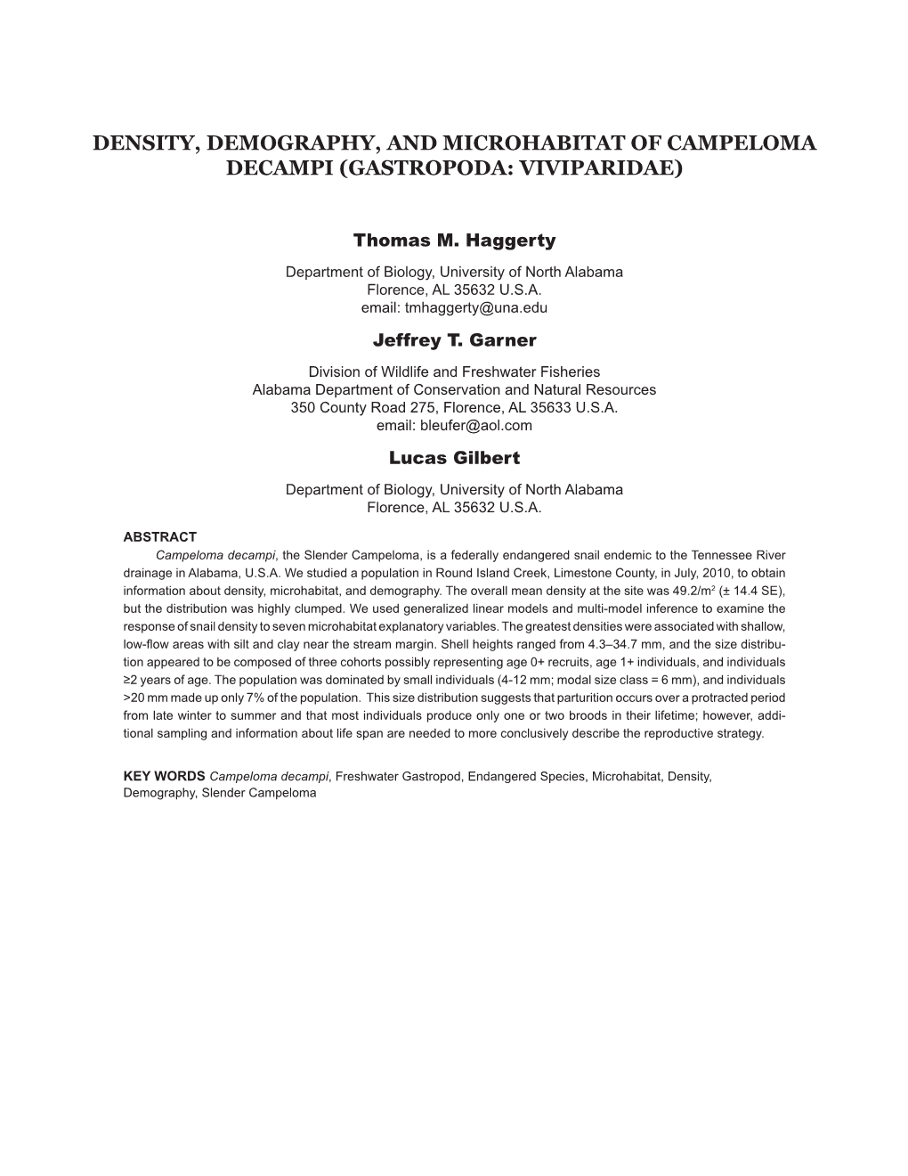 Density, Demography, and Microhabitat of Campeloma Decampi (Gastropoda: Viviparidae)