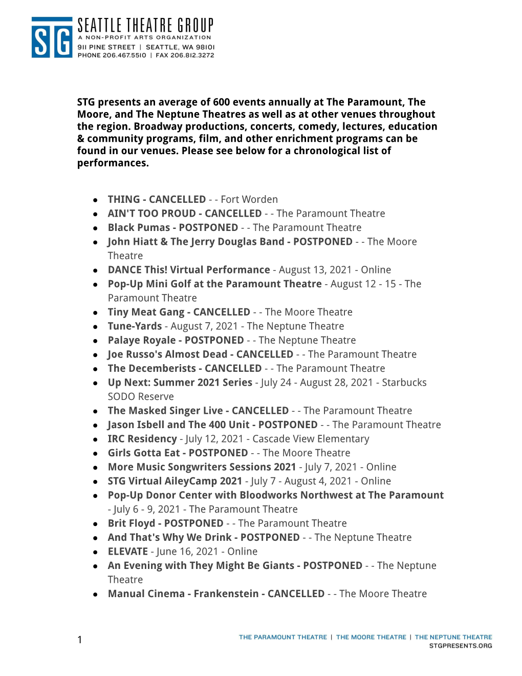 STG Presents an Average of 600 Events Annually at the Paramount, the Moore, and the Neptune Theatres As Well As at Other Venues Throughout the Region