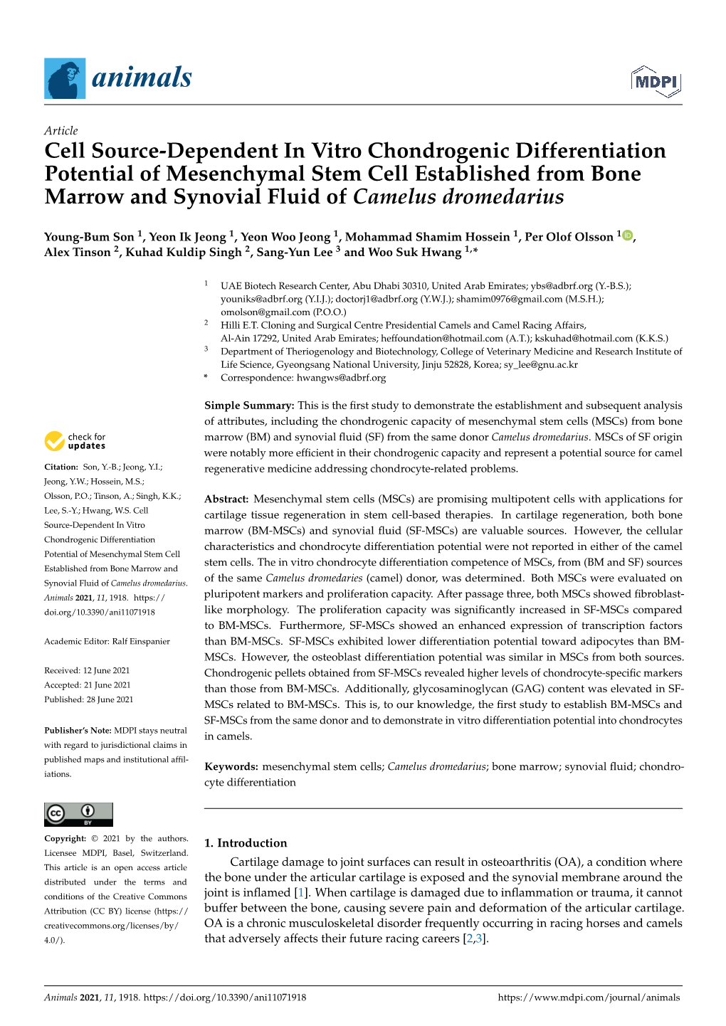 Cell Source-Dependent in Vitro Chondrogenic Differentiation Potential of Mesenchymal Stem Cell Established from Bone Marrow and Synovial Fluid of Camelus Dromedarius