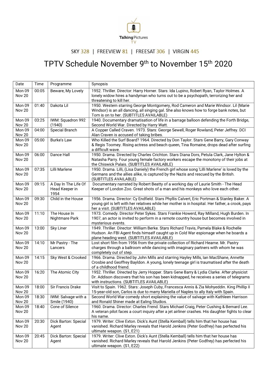 TPTV Schedule November 9Th to November 15Th 2020