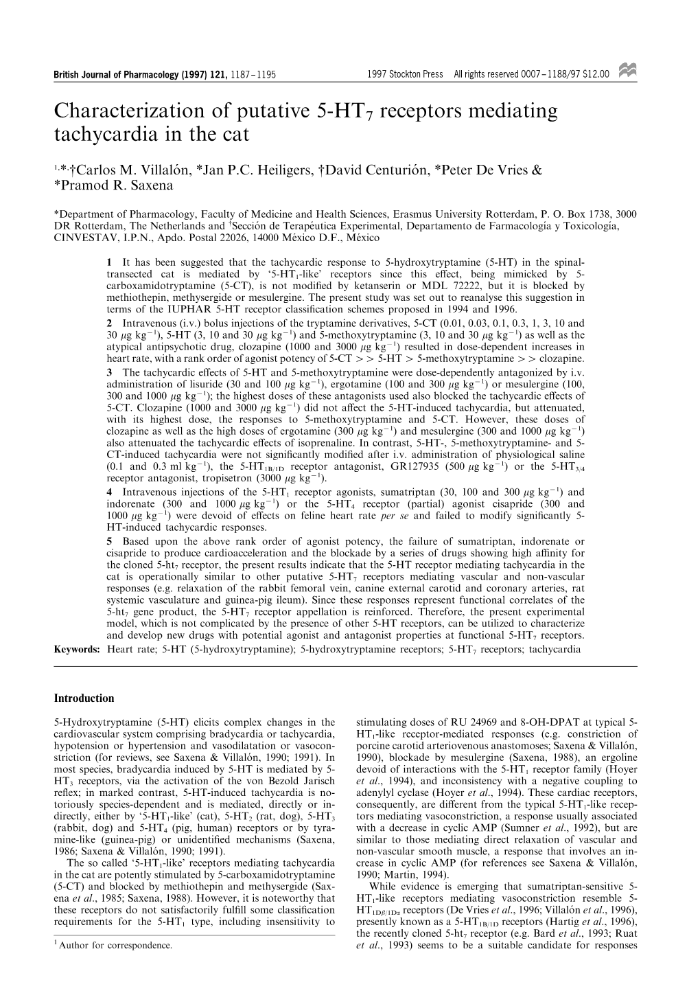 Characterization of Putative 5-HT7 Receptors Mediating Tachycardia in the Cat