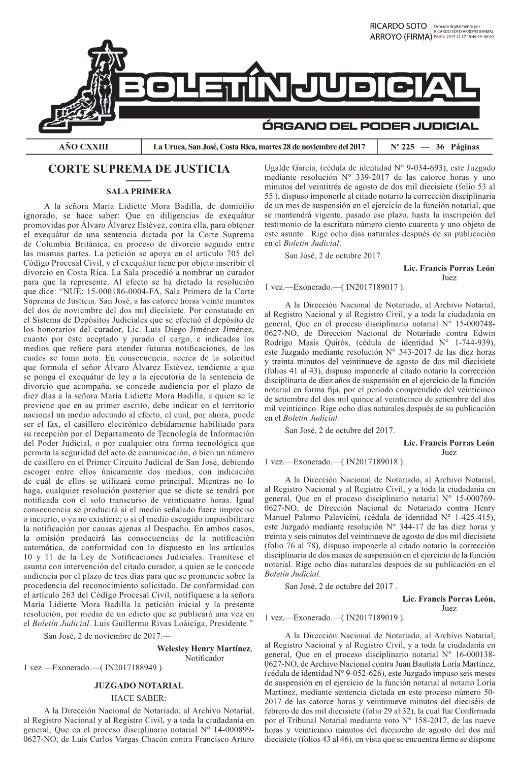 BOLETÍN JUDICIAL N° 225 De La Fecha 28 11 2017