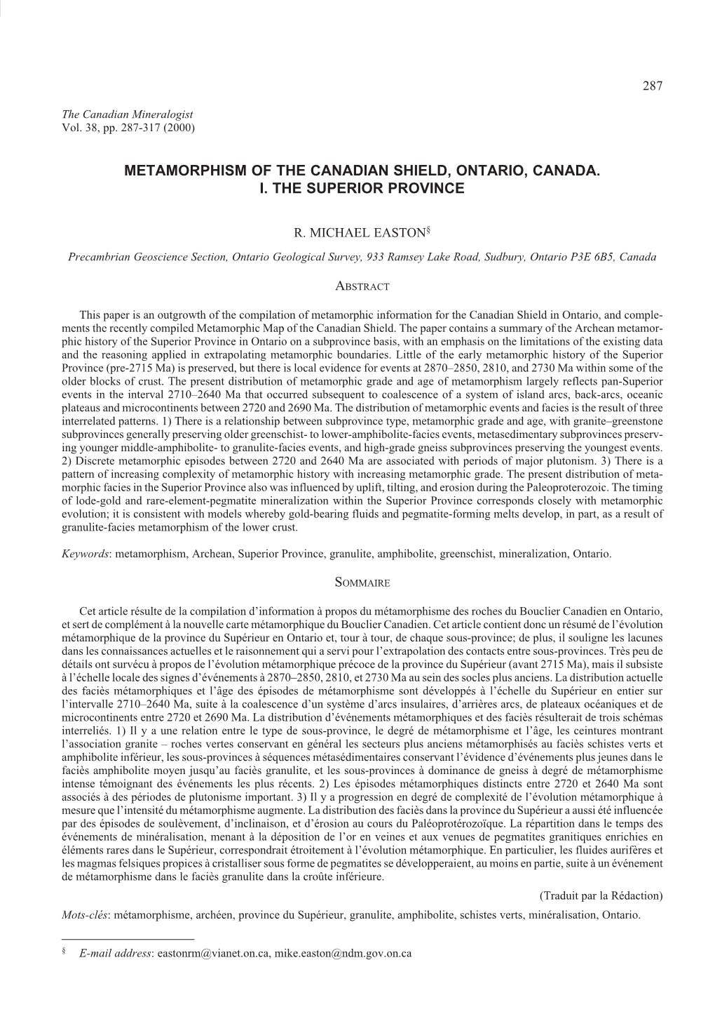 Metamorphism of the Canadian Shield, Ontario, Canada