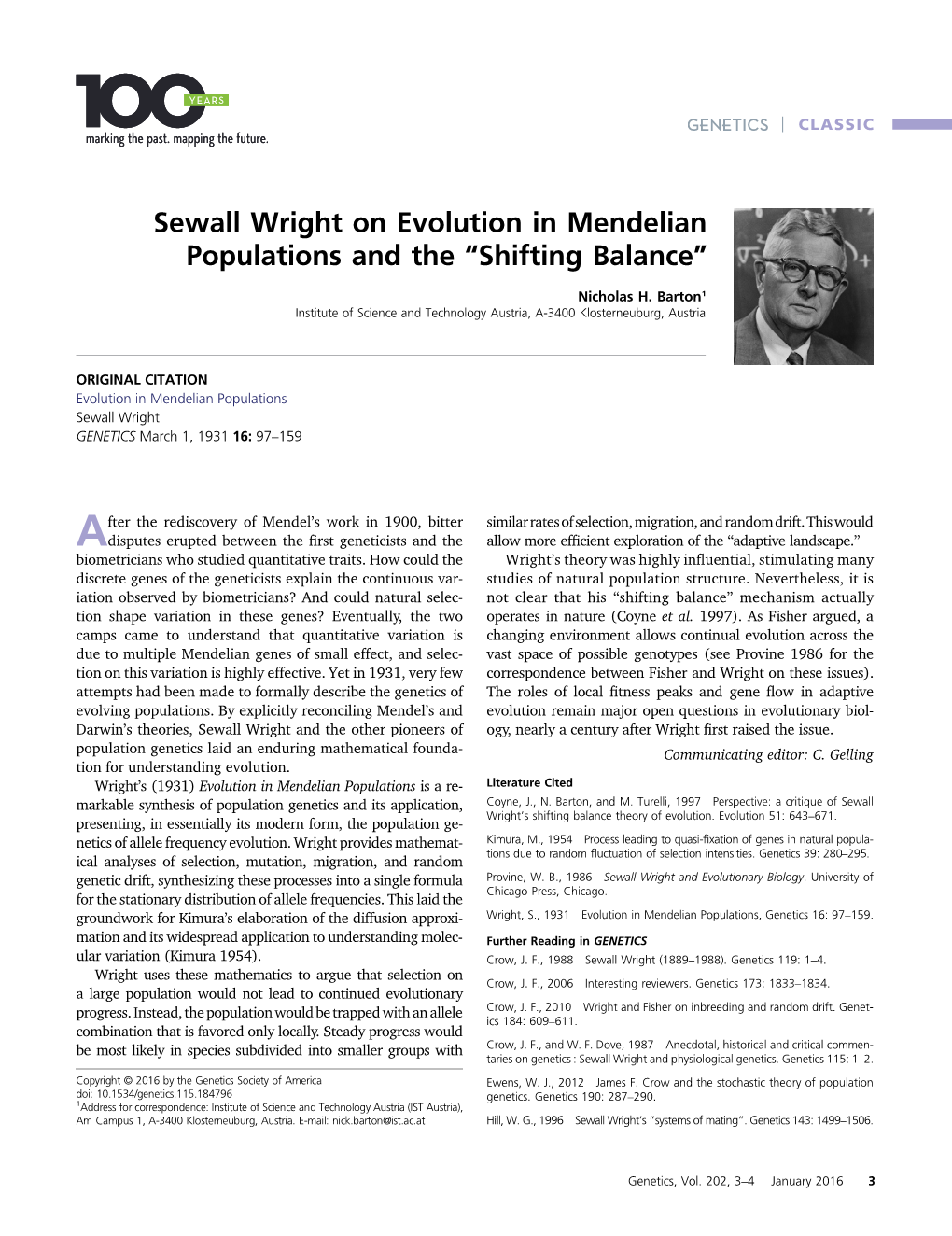 Sewall Wright on Evolution in Mendelian Populations and the “Shifting Balance”