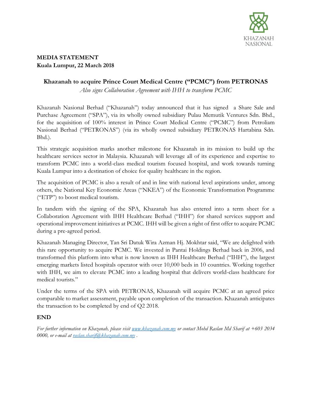 Khazanah to Acquire Prince Court Medical Centre (“PCMC”) from PETRONAS Also Signs Collaboration Agreement with IHH to Transform PCMC
