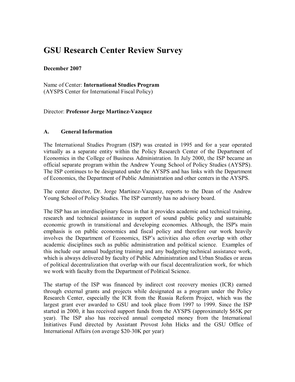 GSU Research Center Review Survey