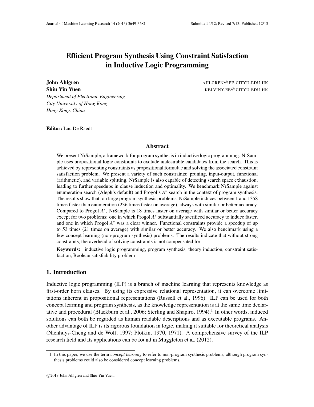 Efficient Program Synthesis Using Constraint Satisfaction in Inductive