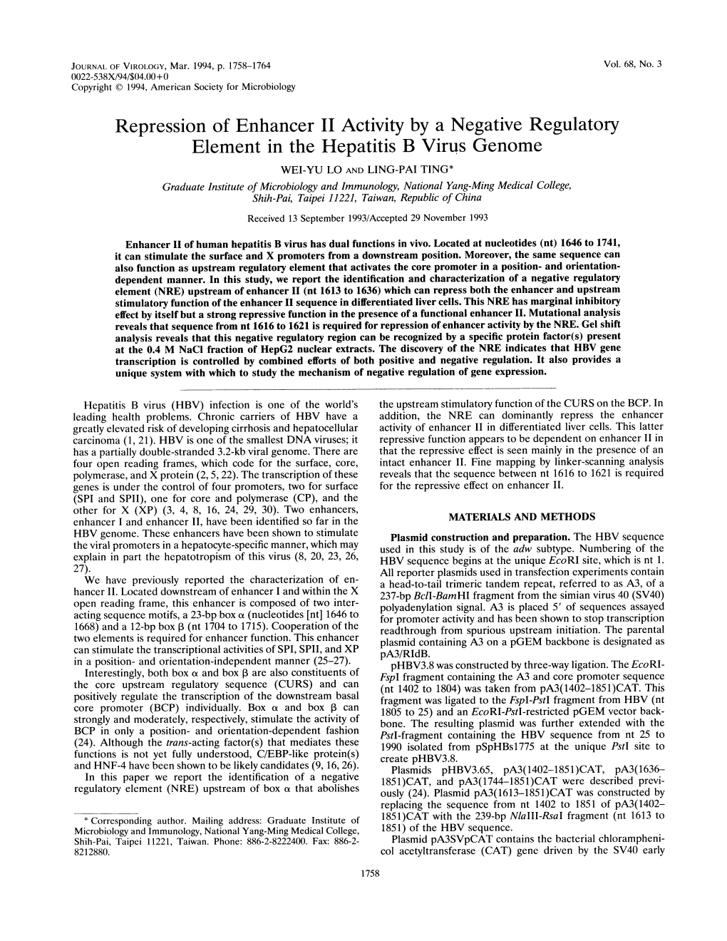 Repression of Enhancerii Activity by a Negative Regulatory Element