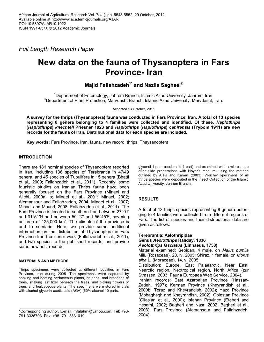 New Data on the Fauna of Thysanoptera in Fars Province- Iran