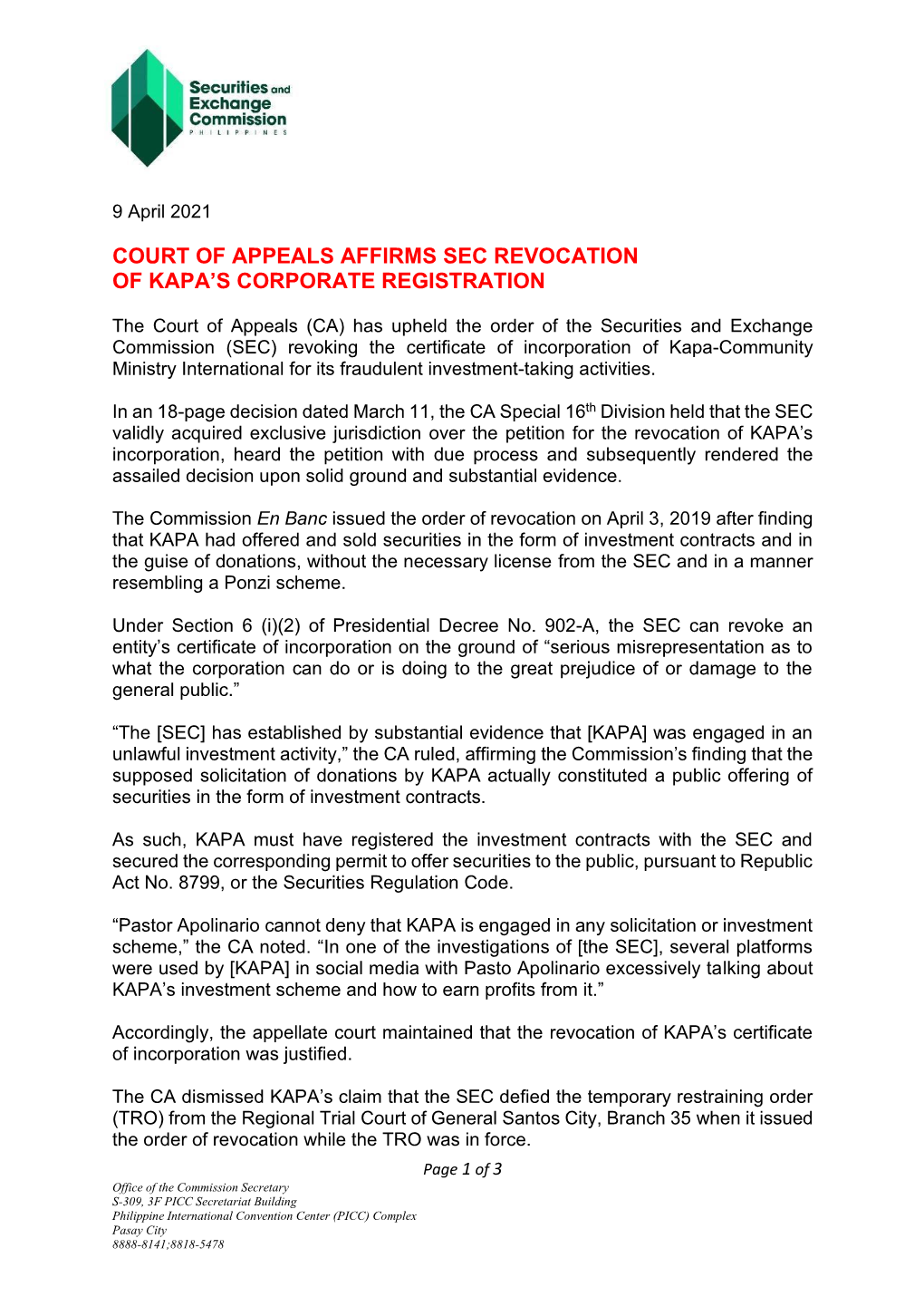 Court of Appeals Affirms Sec Revocation of Kapa's