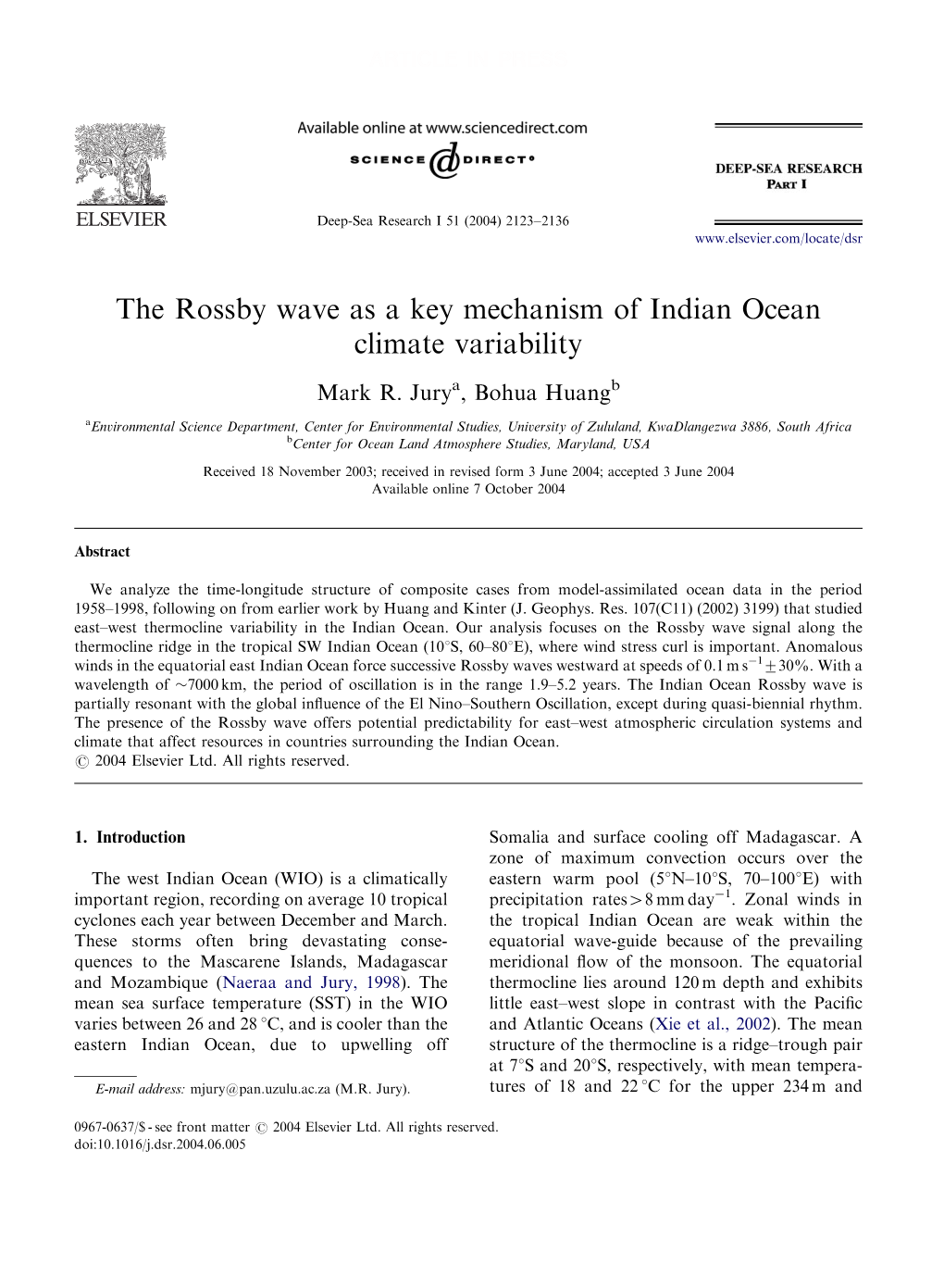 The Rossby Wave As a Key Mechanism of Indian Ocean Climate Variability