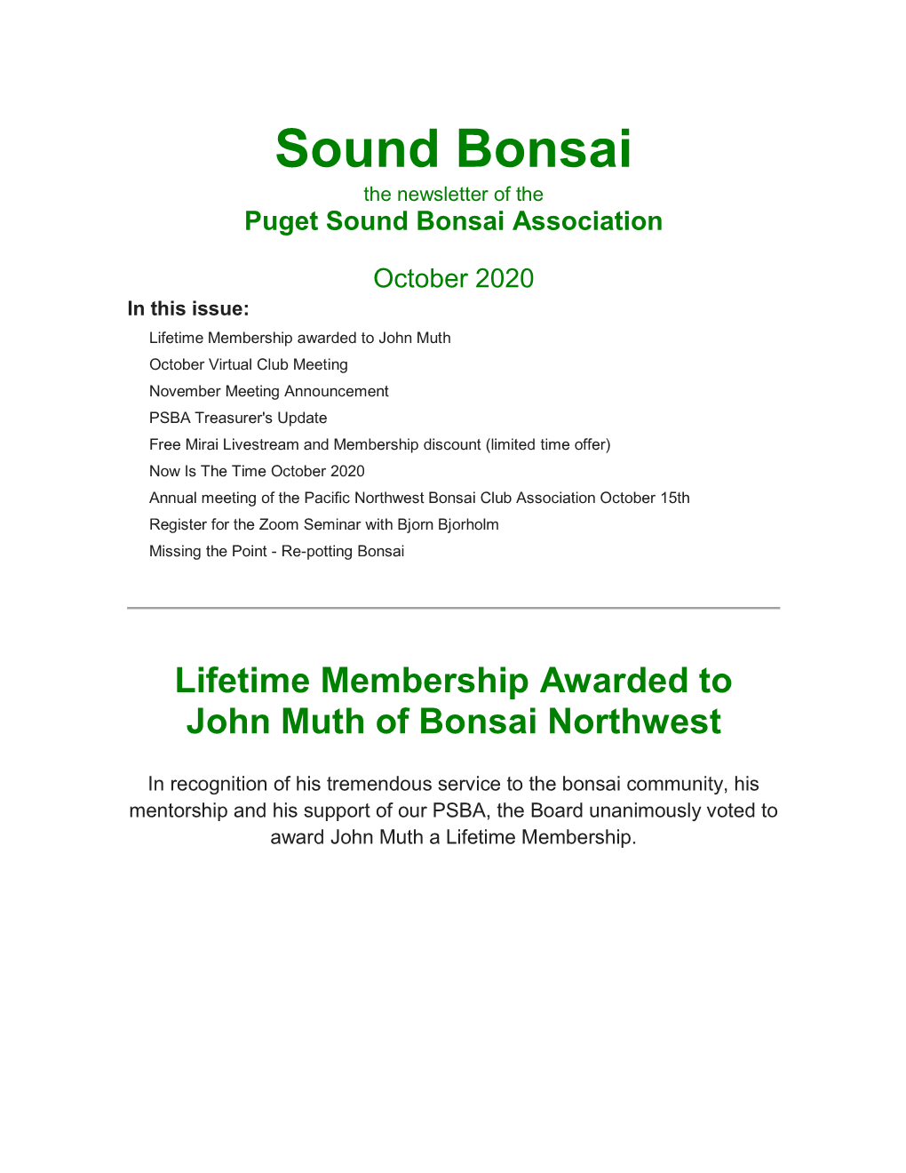 Sound Bonsai the Newsletter of the Puget Sound Bonsai Association