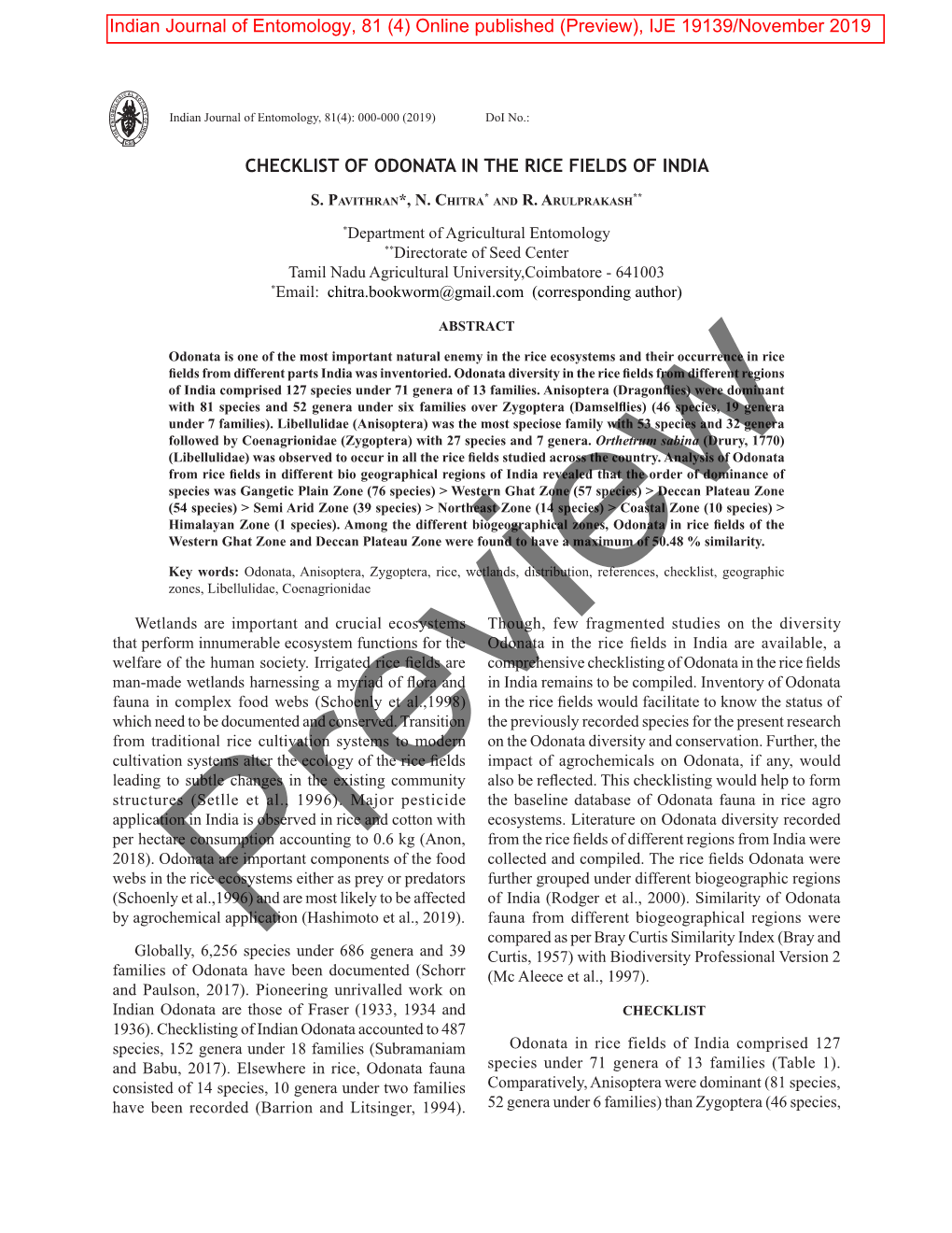 Checklist of Odonata in the Rice Fields of India E:\ 81(4