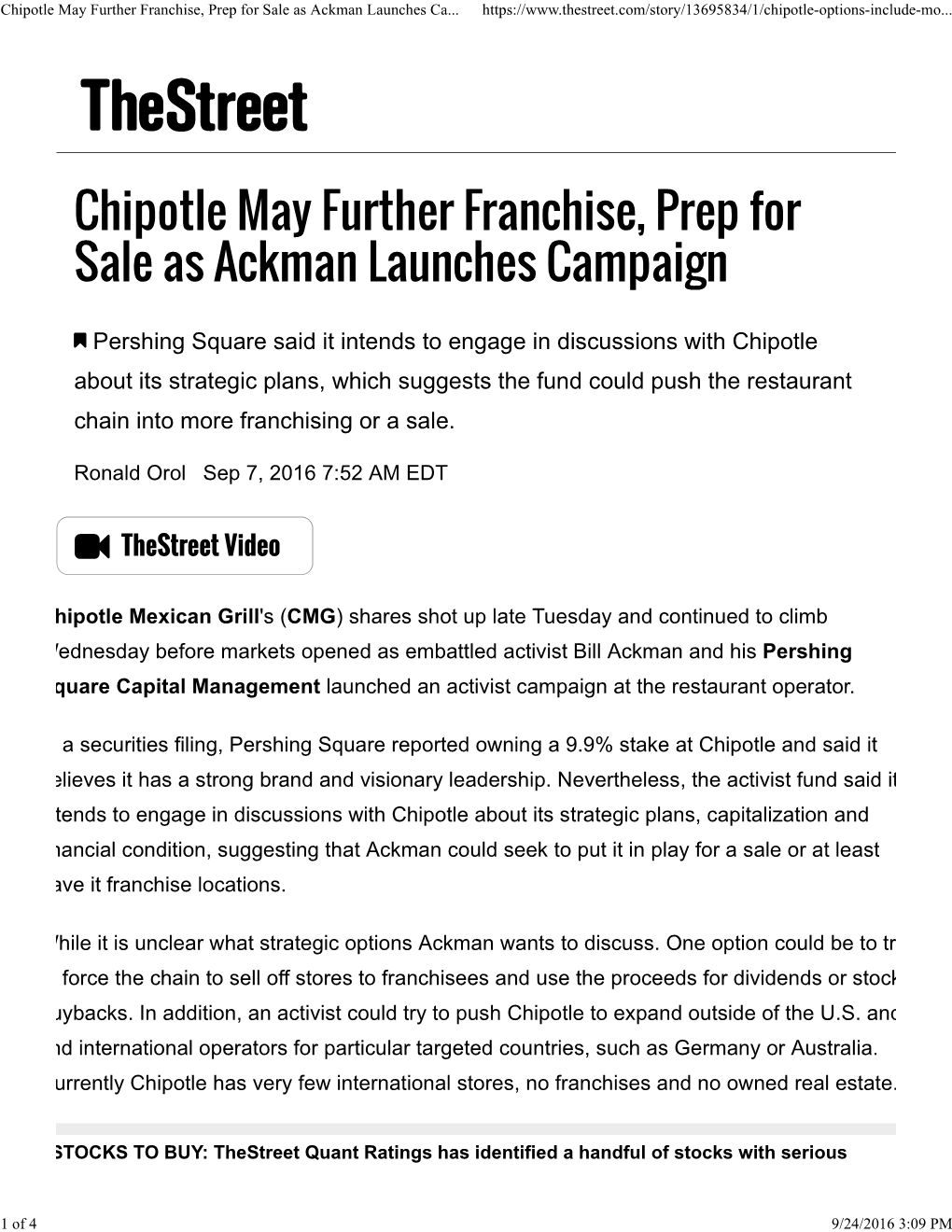 Chipotle May Further Franchise, Prep for Sale As Ackman Launches Campaign