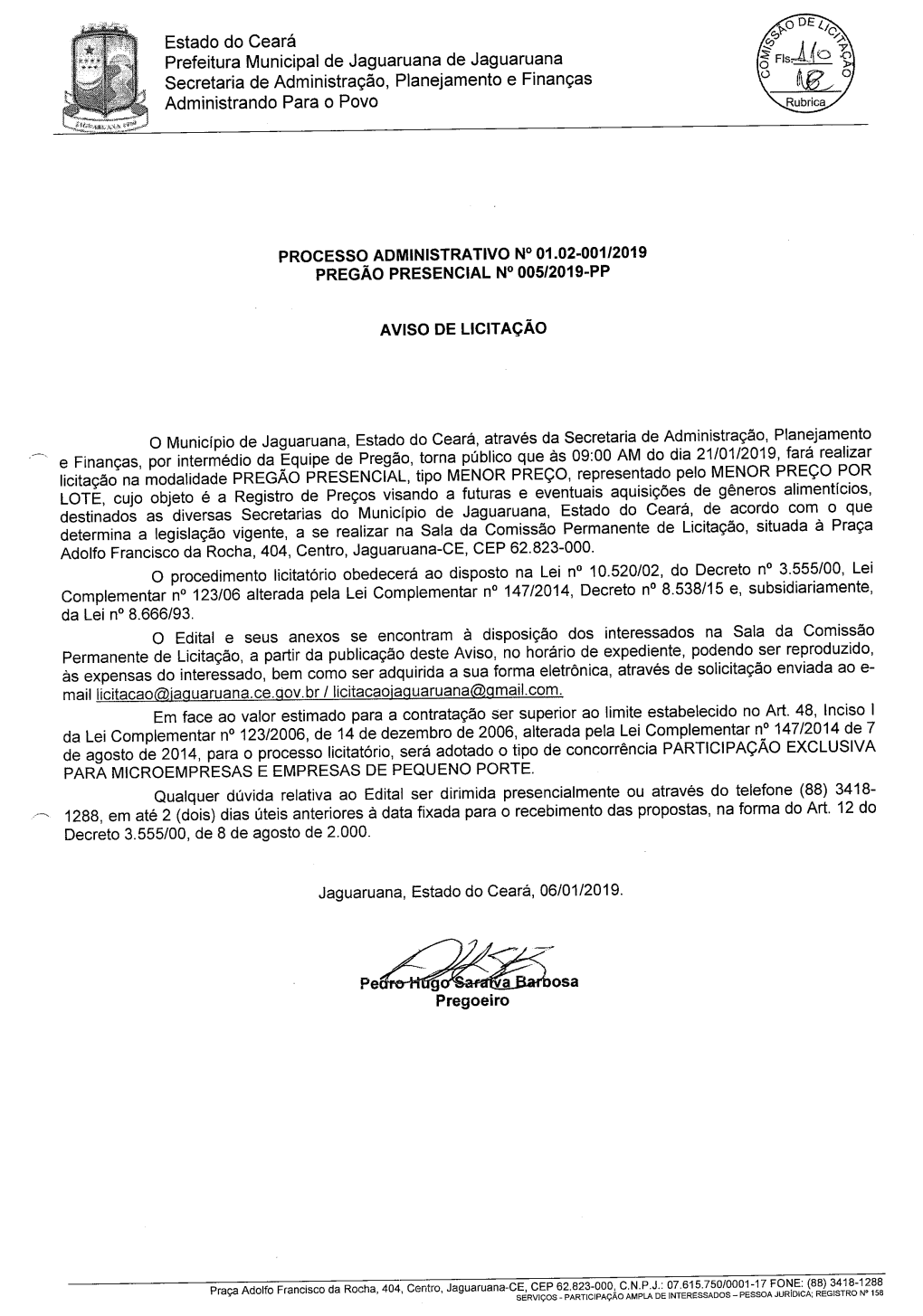 Estado Do Ceará Prefeitura Municipal De Jaguaruana De Jaguaruana Secretaria De Administração, Planejamento E Finanças Admini