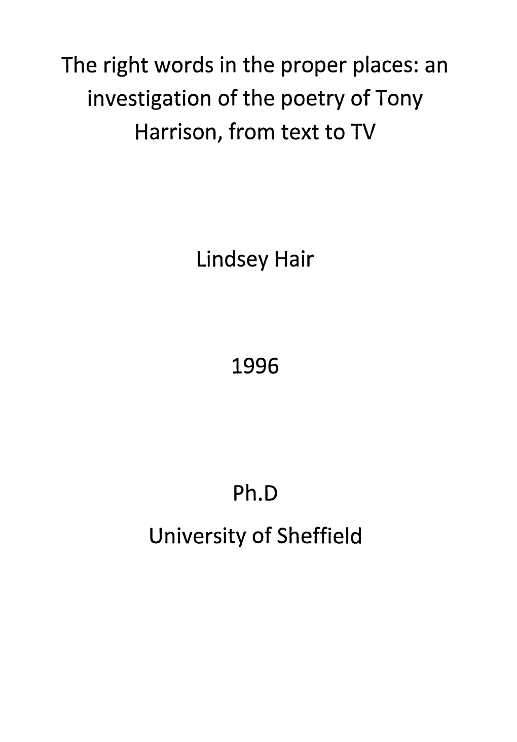 An Investigation of the Poetry of Tony Harrison, from Text to TV