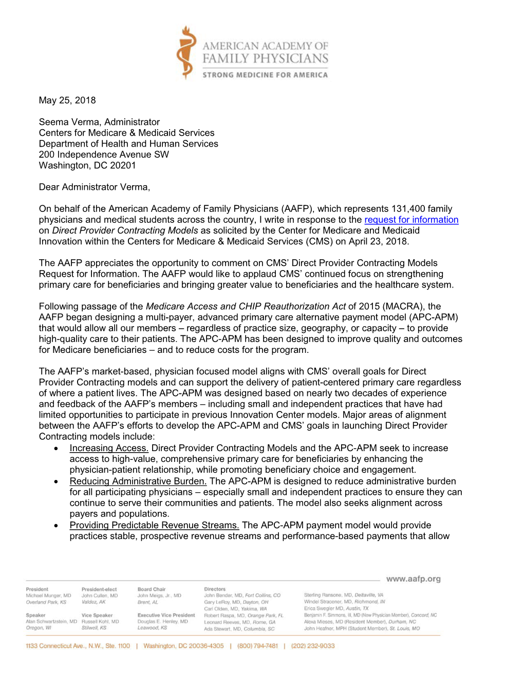 AAFP Letter Responsing to CMS RFI on Direct Provider Contracting