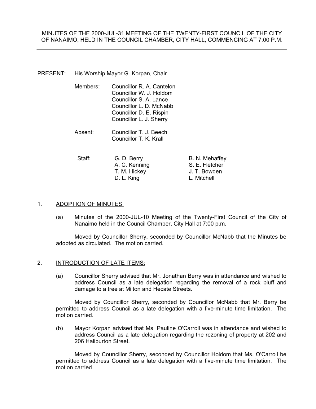 Council Minutes for July 31, 2000