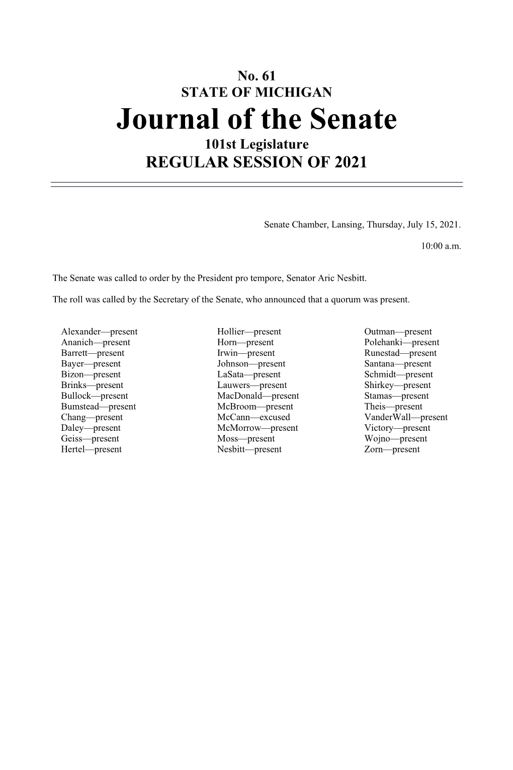 Journal of the Senate 101St Legislature REGULAR SESSION of 2021