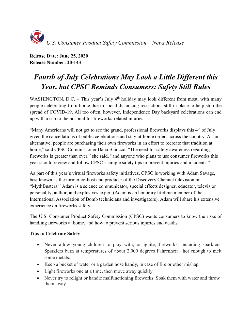 Fireworks Safety Press Release