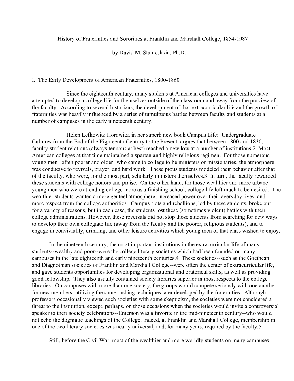 History of Fraternities and Sororities at Franklin and Marshall College, 1854­1987