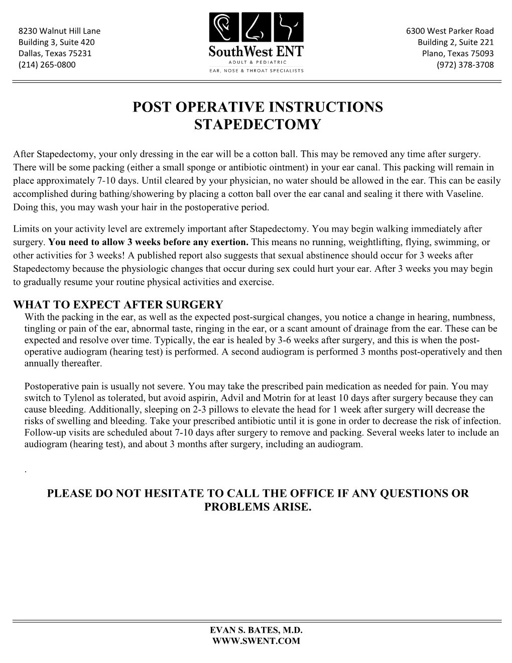 Post Operative Instructions Stapedectomy