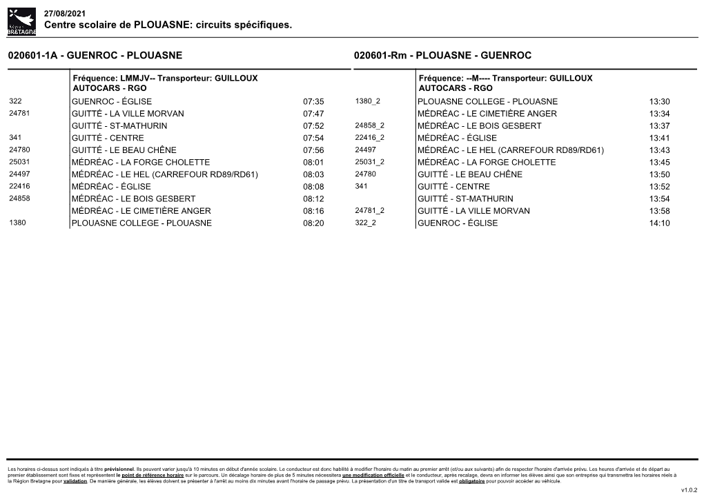 Centre Scolaire De PLOUASNE: Circuits Spécifiques. 020601-1A